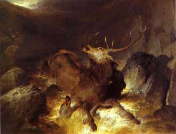 Deer And Deerhounds In A Mountain Torrent by Sir Edwin Landseer, hand-painted oil painting reproduction