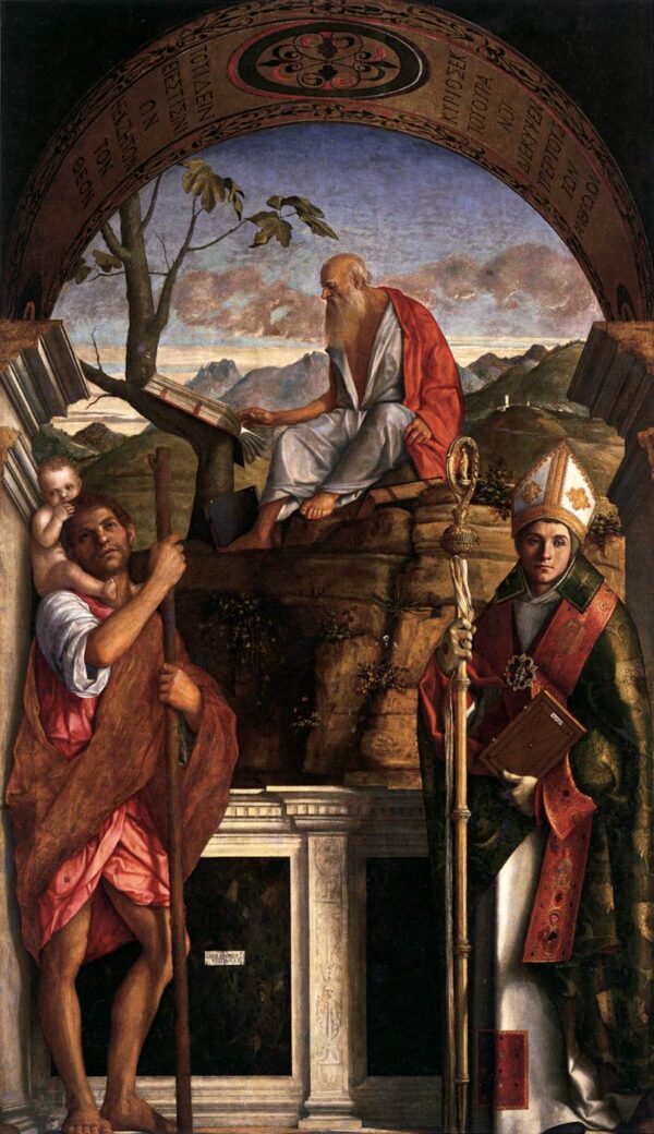 Saints Christopher, Jerome, and Louis of Toulouse by Giovanni Bellini, hand-painted oil painting reproduction