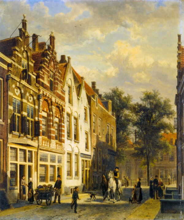 Figures in the Sunlit Streets of a Dutch Town by Cornelis Springer, hand-painted oil painting reproduction