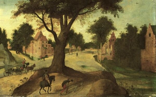 A Wooded Landscape With Travellers Entering A Town by Abel Grimmer, hand-painted oil painting reproduction