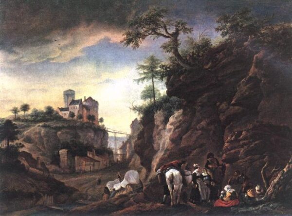 Rocky Landscape With Resting Travellers by Philips Wouwerman, hand-painted oil painting reproduction