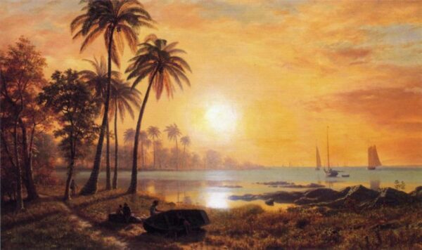 Tropical Landscape with Fishing Boats in Bay by Albert Bierstadt, hand-painted oil painting reproduction