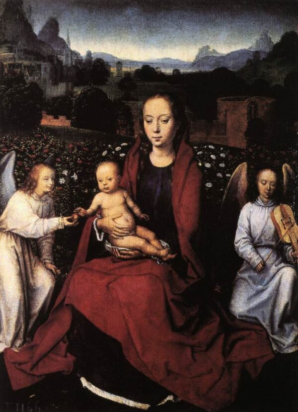 Virgin and Child in a Rose-Garden with Two Angels by Hans Memling, hand-painted oil painting reproduction