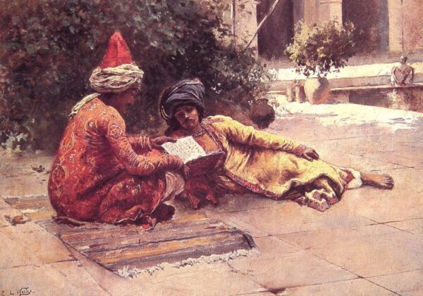 Two Arabs Reading in a Courtyard by Edwin Lord Weeks, hand-painted oil painting reproduction