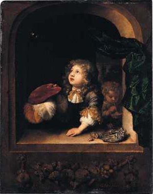 Two Boys Blowing Bubbles by Caspar Netscher, hand-painted oil reproduction
