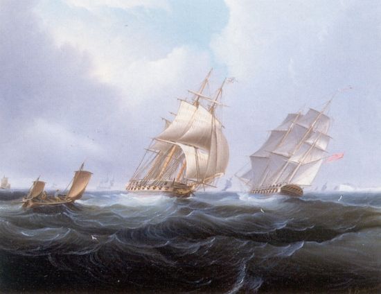 Two British Frigates by James E Buttersworth, hand-painted oil reproduction