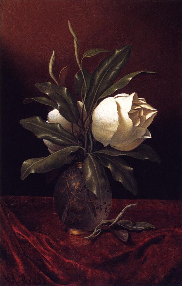 Two Magnolia Blossoms in a Glass Vase by Martin Johnson Heade, hand-painted oil painting reproduction