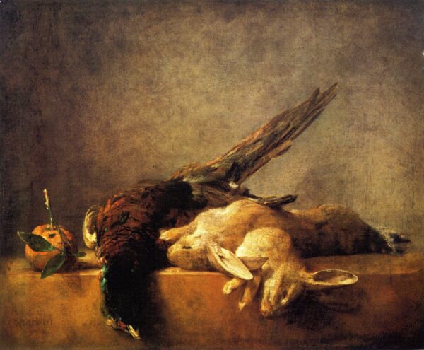 Two Rabbits a Pheasant and a Seville Orange on a Stone Ledge by Jean-Baptiste-Siméon Chardin, hand-painted oil painting reproduction