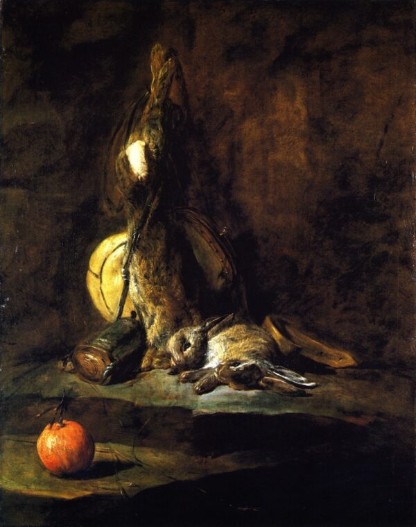 Two Rabbits with Game Bag Powder Flask and Orange by Jean-Baptiste-Siméon Chardin, hand-painted oil painting reproduction