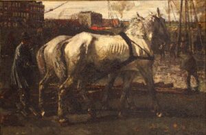 Two White Horses Pulling Posts in Amsterdam by George Hendrik Breitner, hand-painted oil painting reproduction