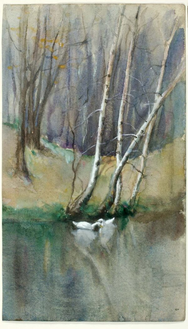 Untitled (Wood Scene with Birch Trees and Ducks) by Edward Mitchell Bannister, hand-painted oil painting reproduction
