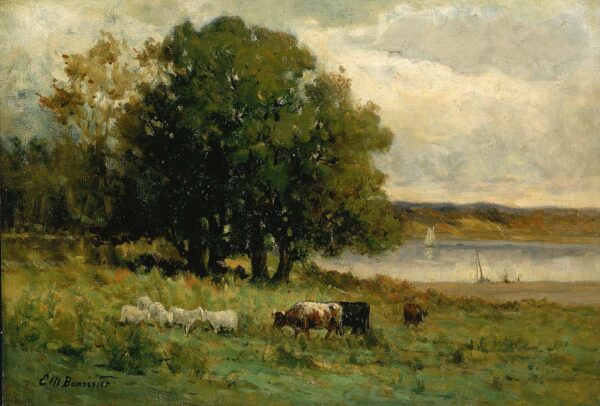 Untitled (cattle near river with sailboat in distance) by Edward Mitchell Bannister, hand-painted oil painting reproduction