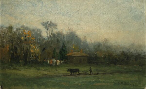 Untitled (landscape with man plowing fields) by Edward Mitchell Bannister, hand-painted oil painting reproduction