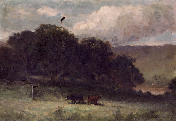 Untitled (landscape with trees and two cows in meadow) by Edward Mitchell Bannister, hand-painted oil painting reproduction