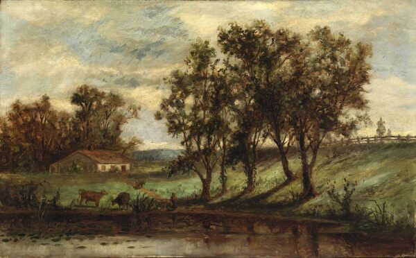 Untitled (man with cows grazing near pond with house and trees in background) by Edward Mitchell Bannister, hand-painted oil painting reproduction