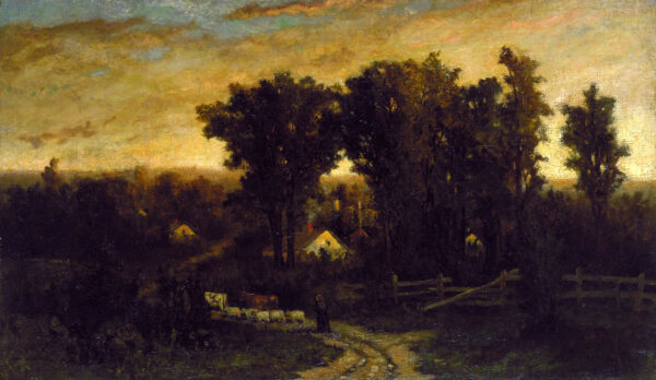 Untitled (woman with cattle and sheep at dusk) by Edward Mitchell Bannister, hand-painted oil painting reproduction