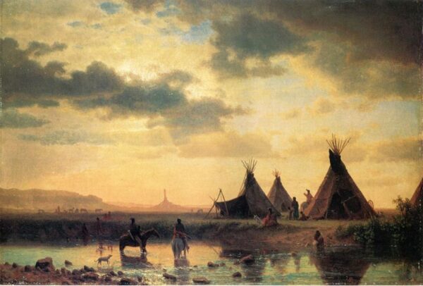 View of Chimney Rock, Ogalillalh Sioux Village in Foreground by Albert Bierstadt, hand-painted oil painting reproduction