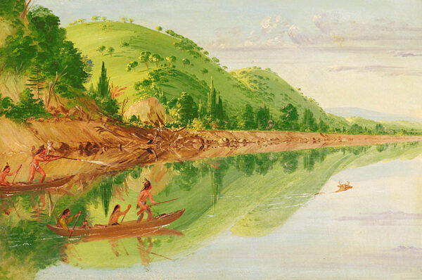 View on the St. Peter’s River, Sioux Indians Pursuing a Stag in their Canoes by George Catlin, hand-painted oil reproduction