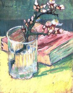 Blossoming Almond Branch in a Glass with a Book by Vincent van Gogh, hand-painted oil painting reproduction