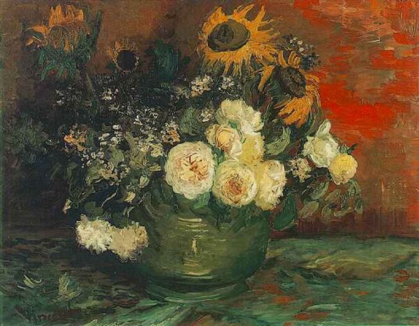Bowl with Sunflowers Roses and Other Flowers by Vincent van Gogh, hand-painted oil painting reproduction