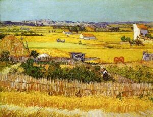 Harvest at La Crau with Montmajour in the Background by Vincent van Gogh, hand-painted oil painting reproduction