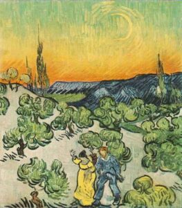 Landscape with Couple Walking and Crescent Moon by Vincent van Gogh
