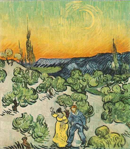 Landscape with Couple Walking and Crescent Moon by Vincent van Gogh, hand-painted oil reproduction