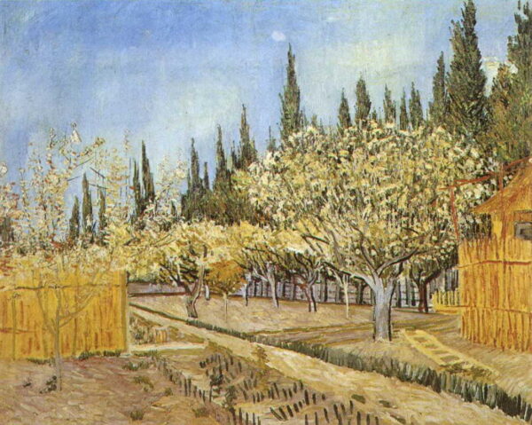 Orchard in Blossom Bordered by Cypresses Blue by Vincent van Gogh, hand-painted oil painting reproduction
