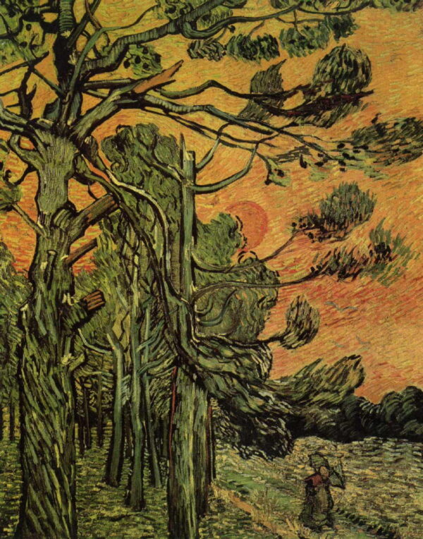 Pine Trees against a Red Sky with Setting Sun by Vincent van Gogh, hand-painted oil painting reproduction