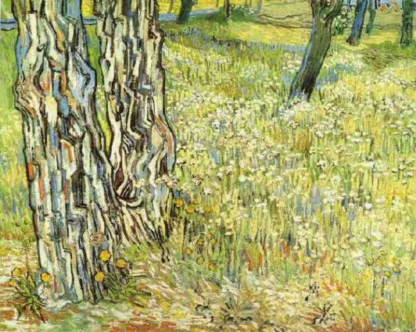 Pine Trees and Dandelions in the Garden of Saint-Paul Hospital by Vincent van Gogh, hand-painted oil painting reproduction