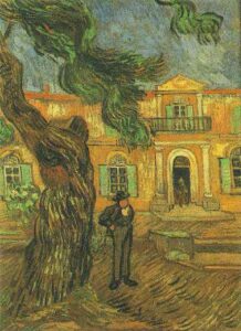 Pine Trees with Figure in the Garden of Saint Paul Hospital by Vincent van Gogh, hand-painted oil painting reproduction