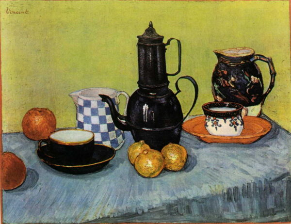 Still Life Blue Enamel Coffeepot Earthenware and Fruit by Vincent van Gogh, hand-painted oil painting reproduction