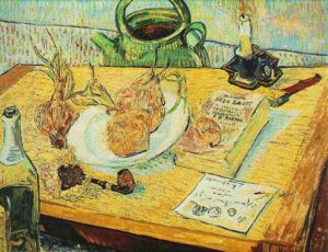 Still Life Drawing Board Pipe Onions and Sealing Wax by Vincent van Gogh, hand-painted oil painting reproduction
