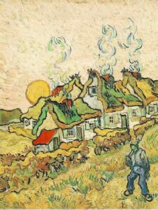 Thatched Cottages in the Sunshine Reminiscence of the North by Vincent van Gogh, hand-painted oil painting reproduction