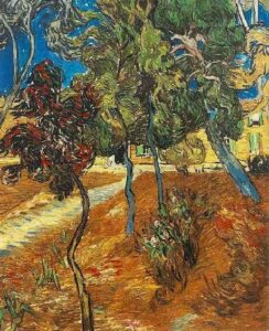 Trees in the Garden of Saint Paul Hospital Red by Vincent van Gogh, hand-painted oil painting reproduction