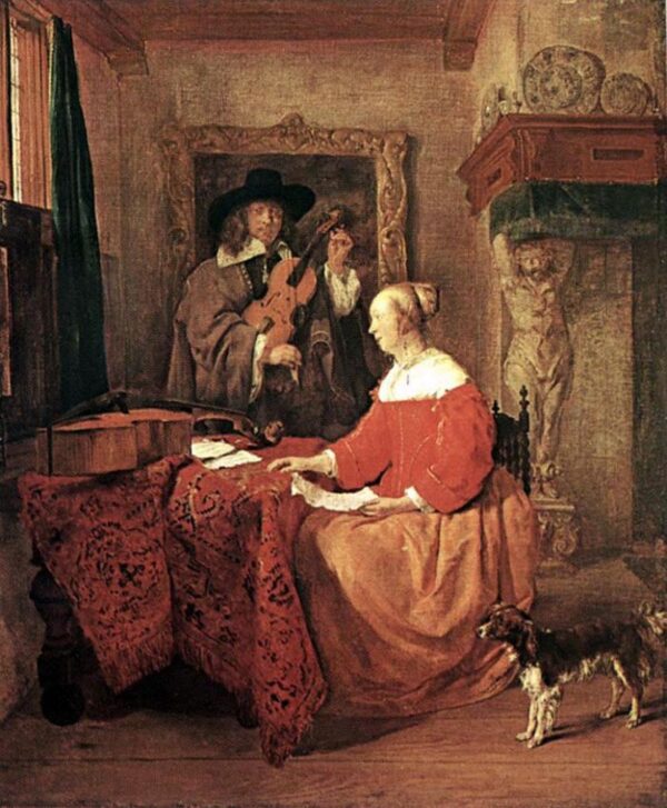 A Woman Seated at a Table and a Man Tuning a Violin by Gabriel Metsu, hand-painted oil painting reproduction