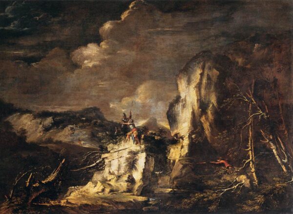 Rocky Landscape with a Huntman and Warriors by Salvator Rosa, hand-painted oil painting reproduction