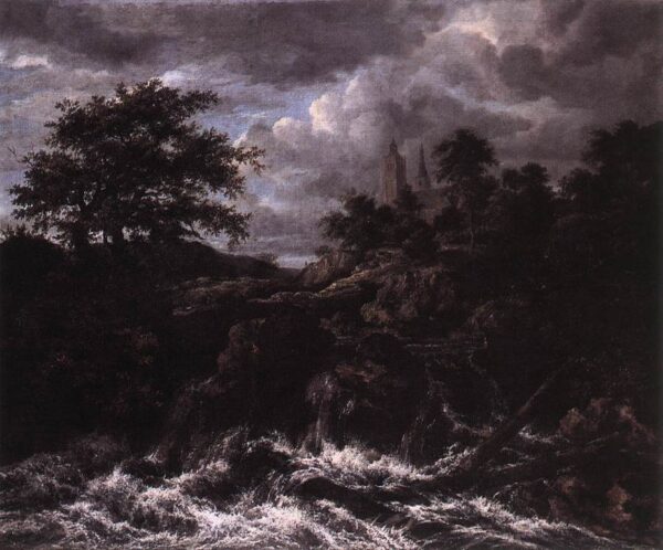 Waterfall by a Church by Jacob Isaackszoon van Ruisdael, hand-painted oil painting reproduction