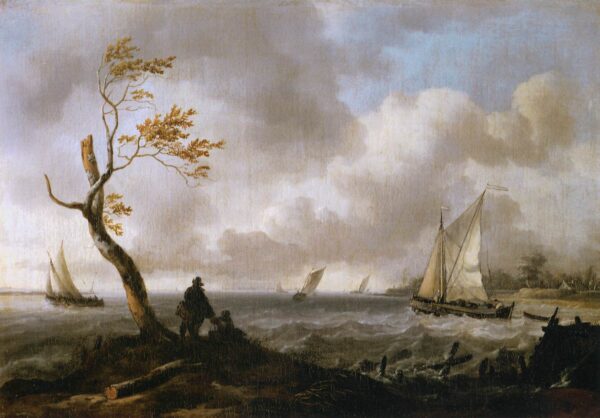 Fishing Boats and Coasting Vessel in Rough Weather by Ludolf Backhuysen, hand-painted oil painting reproduction