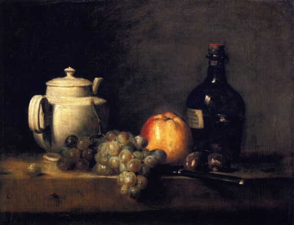 White Teapot with White and Red Grapes Apple Chestnuts Knife and by Jean-Baptiste-Siméon Chardin, hand-painted oil painting reproduction
