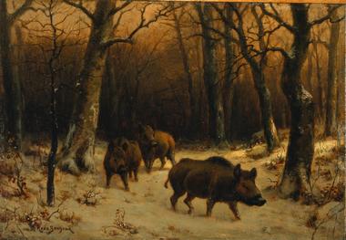 Wild Boars in the Snow by Rosa Maria Bonheur, hand-painted oil reproduction