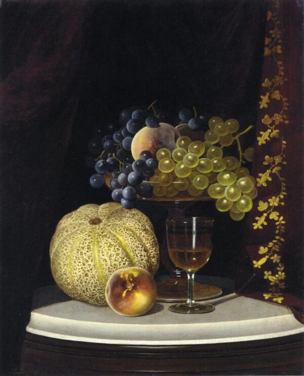 Still Life with Melon, Peach, Fruit-Filled Compote and Glass of Wine by William Mason Brown, hand-painted oil painting reproduction