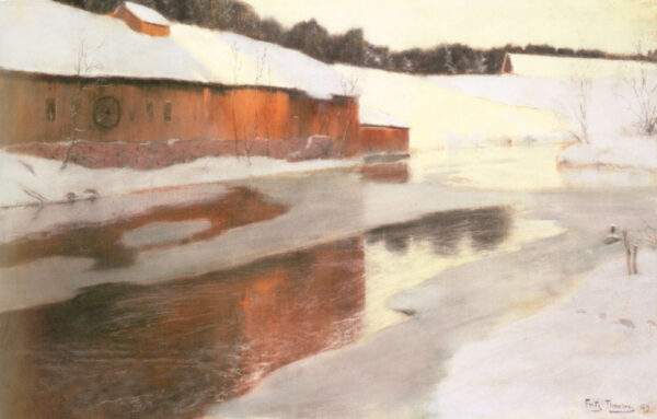 A Factory Building near an Icy River in Winter by Fritz Thaulow, hand-painted oil painting reproduction