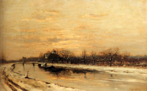 Winter An Orchard Alongside A Canal With A Farmhouse In The Distance At Dusk by Louis Apol, hand-painted oil painting reproduction