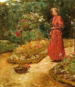 Woman Cutting Roses in a Garden by Frederick Childe Hassam, hand-painted oil painting reproduction