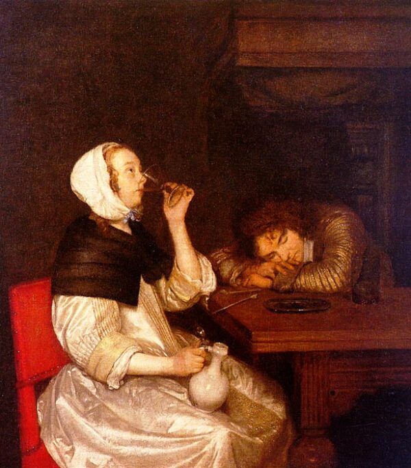 Woman Drinking with a Sleeping Soldier by Gerard ter Borch, hand-painted oil painting reproduction
