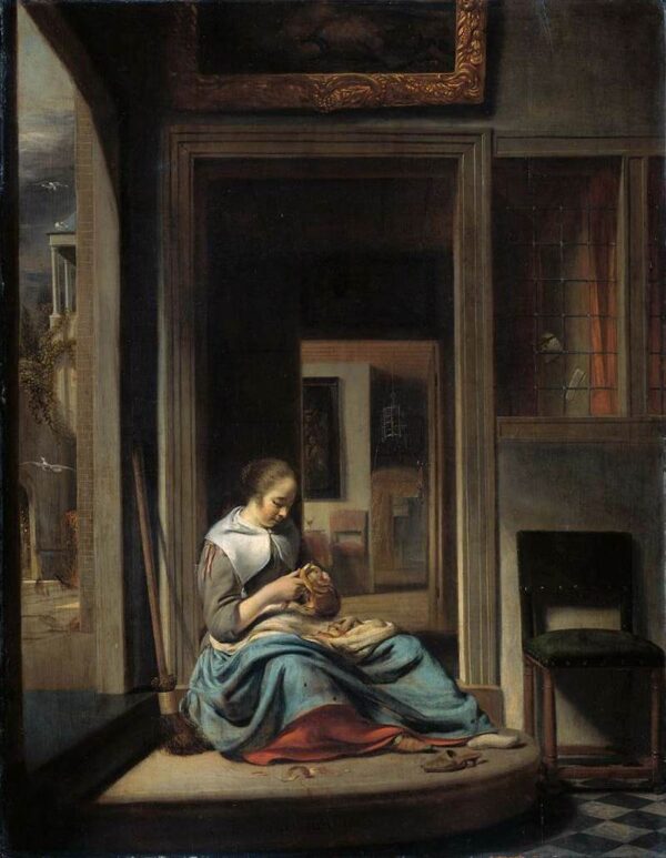 Woman Peeling Apple by Cornelis Bisschop, hand-painted oil painting reproduction