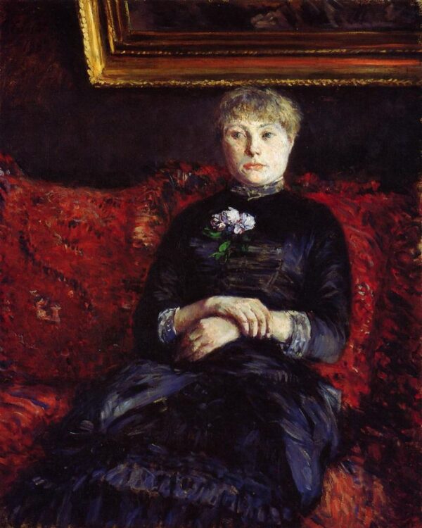 Woman Sitting on a Red Flowered Sofa by Gustave Caillebotte, hand-painted oil painting reproduction