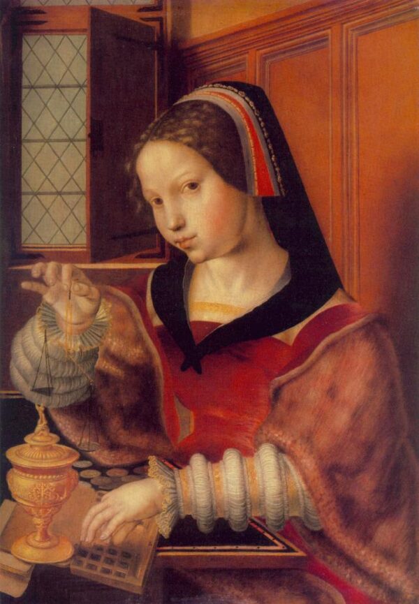 Woman Weighing Gold by Jan Sanders van Hemessen, hand-painted oil painting reproduction