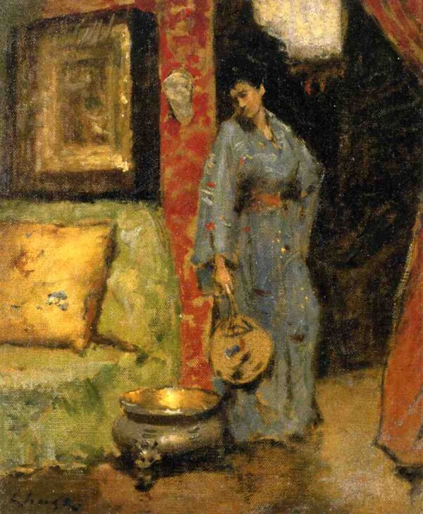 Woman in Kimono Holding a Japanese Fan by William Merritt Chase, hand-painted oil painting reproduction